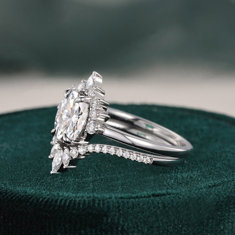 1.50 CT Oval Cut Cluster Art Deco Moissanite Bridal Ring Set - Barbara Maison 