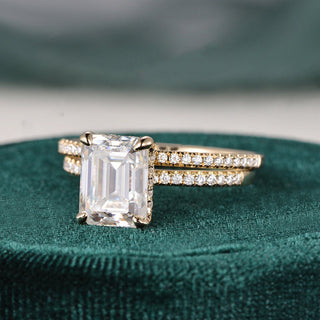 1.50 CT Emerald Cut Hidden Halo Moissanite Bridal Ring Set - Barbara Maison 