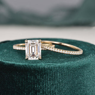 1.50 CT Emerald Cut Hidden Halo Moissanite Bridal Ring Set - Barbara Maison 