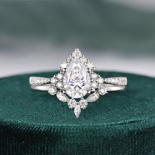 1.50 CT Pear Cut Cluster Art Deco Moissanite Bridal Ring Set - Barbara Maison 