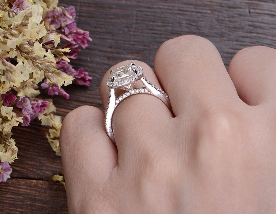 1.0 CT Cushion Cut Halo Moissanite Engagement Ring - Barbara Maison 
