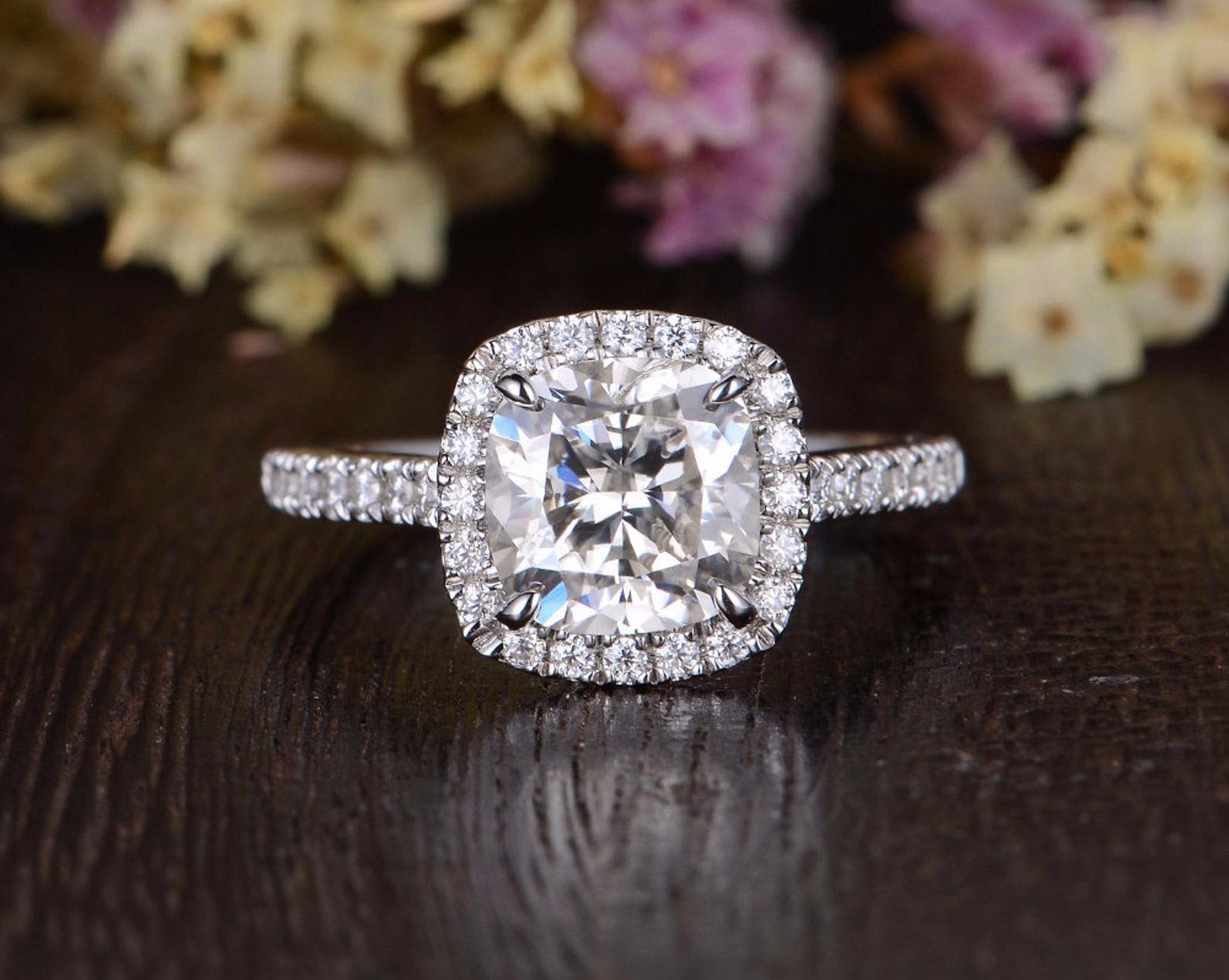 1.0 CT Cushion Cut Halo Moissanite Engagement Ring - Barbara Maison 