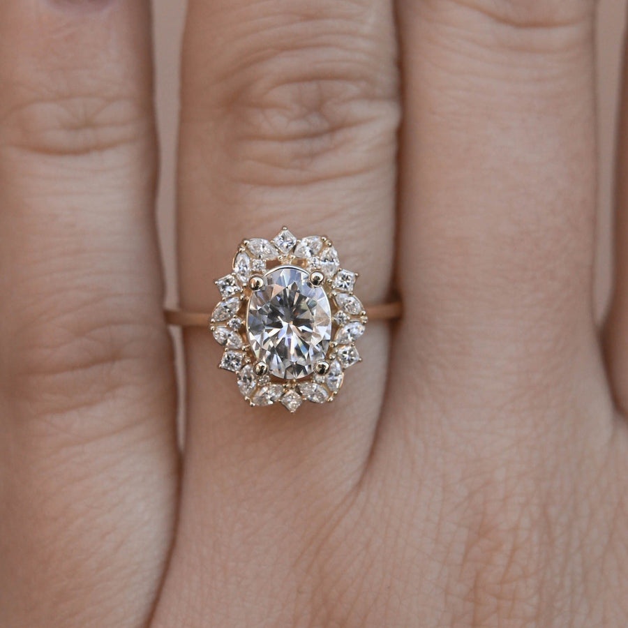 1.33 CT Oval Cut Cluster Halo Moissanite Engagement Ring - Barbara Maison 