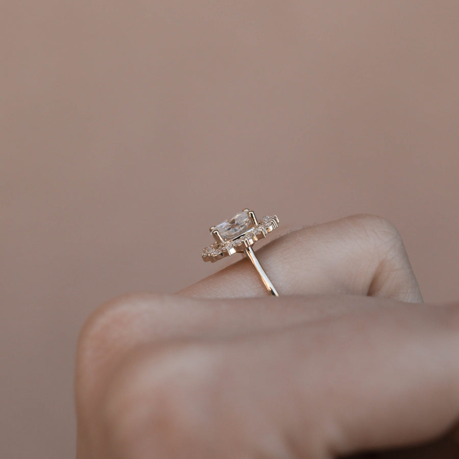 1.33 CT Oval Cut Cluster Halo Moissanite Engagement Ring - Barbara Maison 