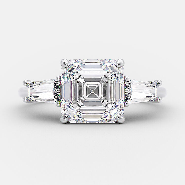 2.03 CT Asscher Cut Three Stone Moissanite Engagement Ring - Barbara Maison 