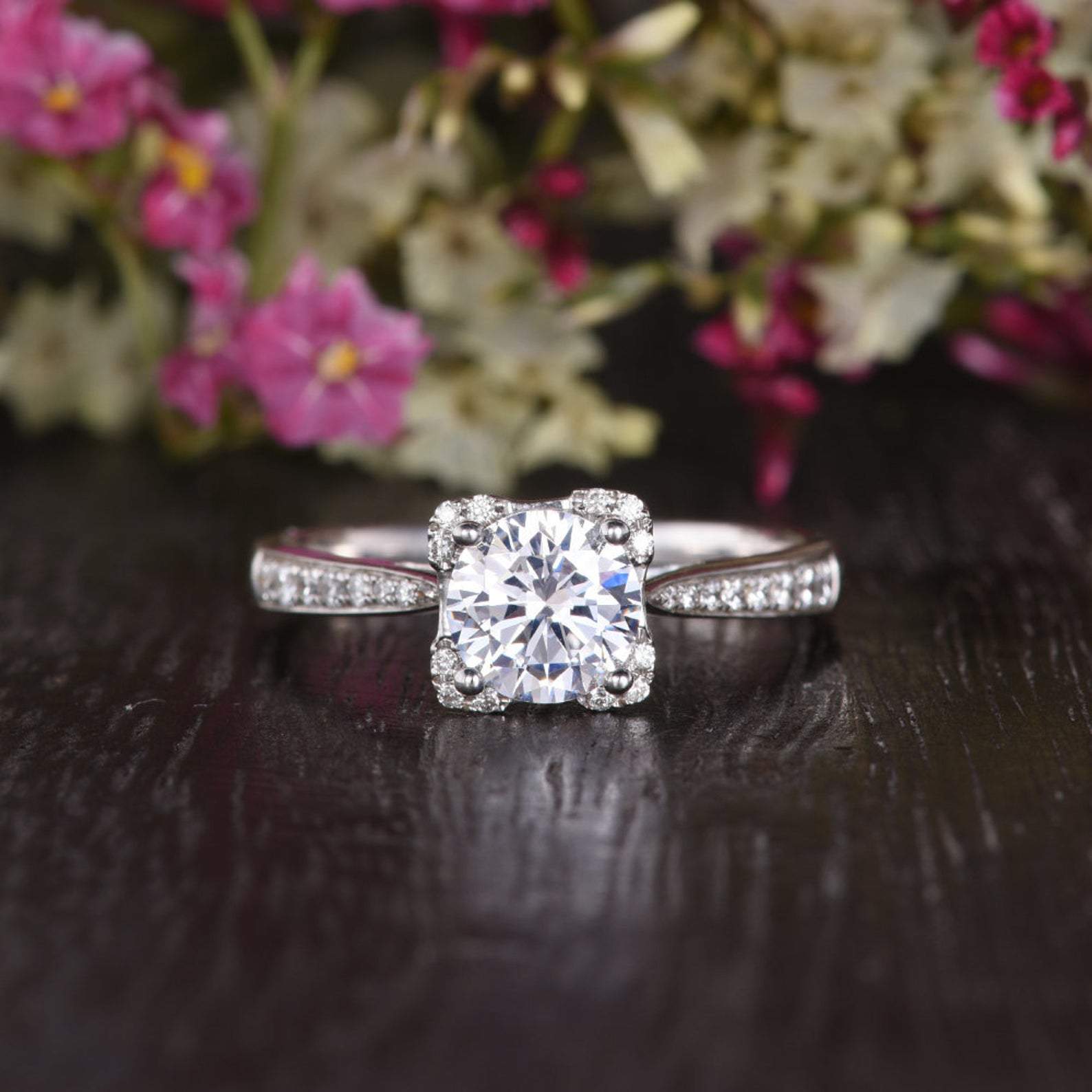 1.60 CT Round Cut Solitaire Pave Setting Moissanite Engagement Ring - Barbara Maison 