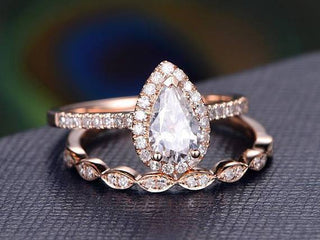 1.0 CT Pear Cut Halo Milgrain Style Moissanite Bridal Ring Set - Barbara Maison 