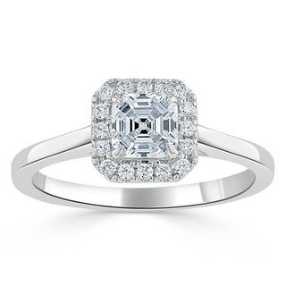 0.75 CT Asscher Cut Halo Moissanite Engagement Ring - Barbara Maison 