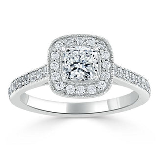 1.0 CT Cushion Cut Moissanite Halo Channel Pave Engagement Ring - Barbara Maison 