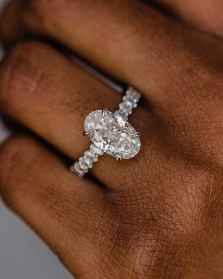 4.10 CT Oval Solitaire Hidden Halo & Pave Moissanite Engagement Ring - Barbara Maison 