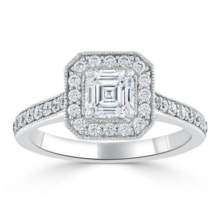 1.05 CT Asscher Cut Halo Pave Setting Moissanite Engagement Ring - Barbara Maison 