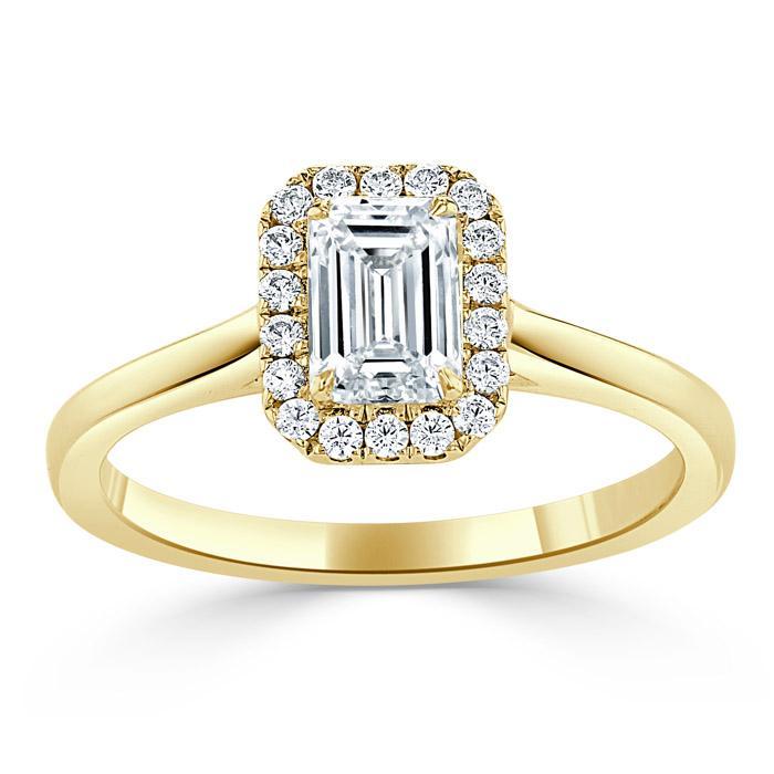 0.75 CT Emerald Cut Halo Moissanite Engagement Ring - Barbara Maison 