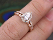 1.0 CT Pear Cut Halo Milgrain Style Moissanite Bridal Ring Set - Barbara Maison 
