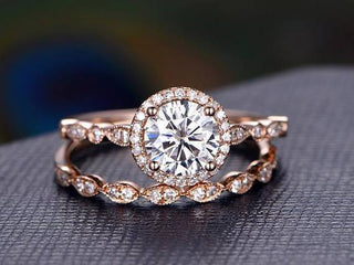 0.75 CT Round Halo Pave Moissanite Bridal Ring Set - Barbara Maison 