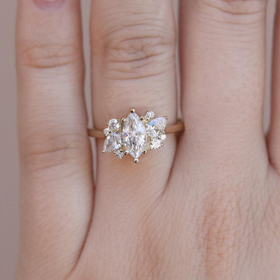 0.67 CT Marquise Cut Cluster Moissanite Engagement Ring - Barbara Maison 