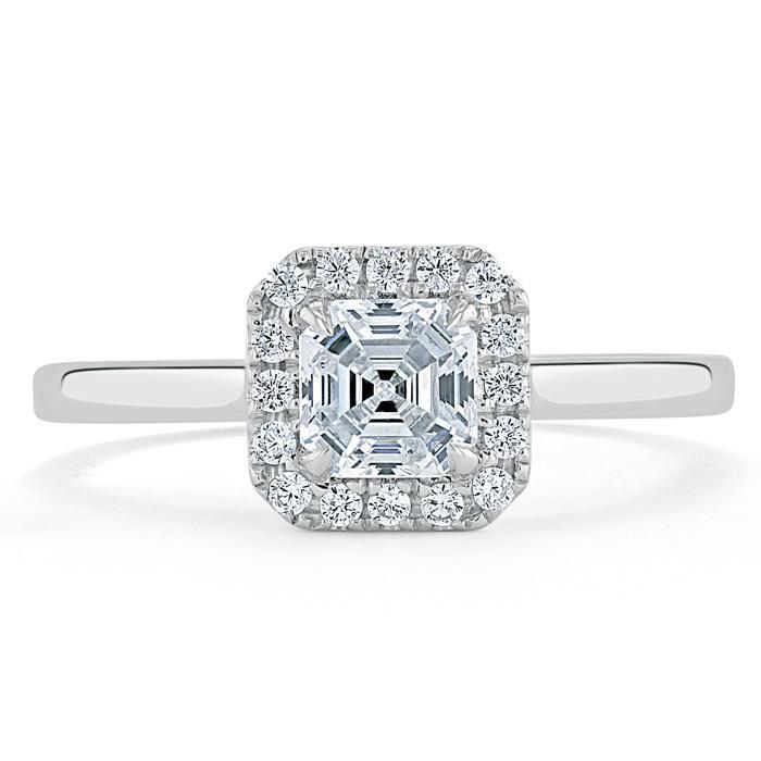 0.75 CT Asscher Cut Halo Moissanite Engagement Ring - Barbara Maison 