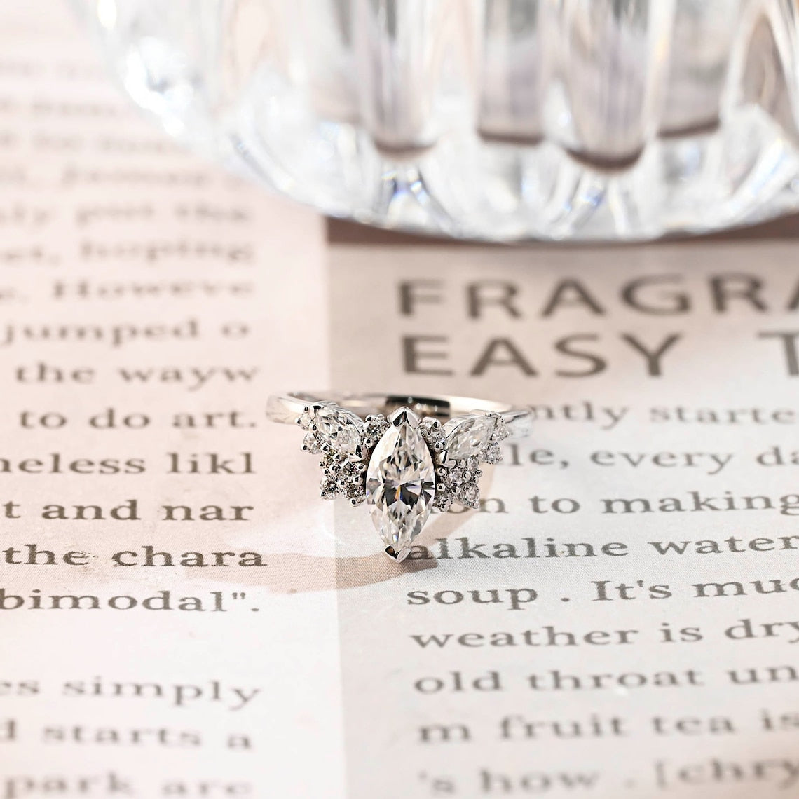 Marquise cut lab grown diamond cluster engagement ring, 1.0 to 3.0 carats, set in elegant prong setting on polished gold band