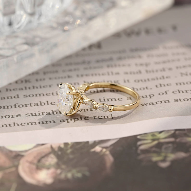 Oval cut F/VS1 lab grown diamond pavé engagement ring, 1.0 to 3.0 carats, with side stones set in polished gold band