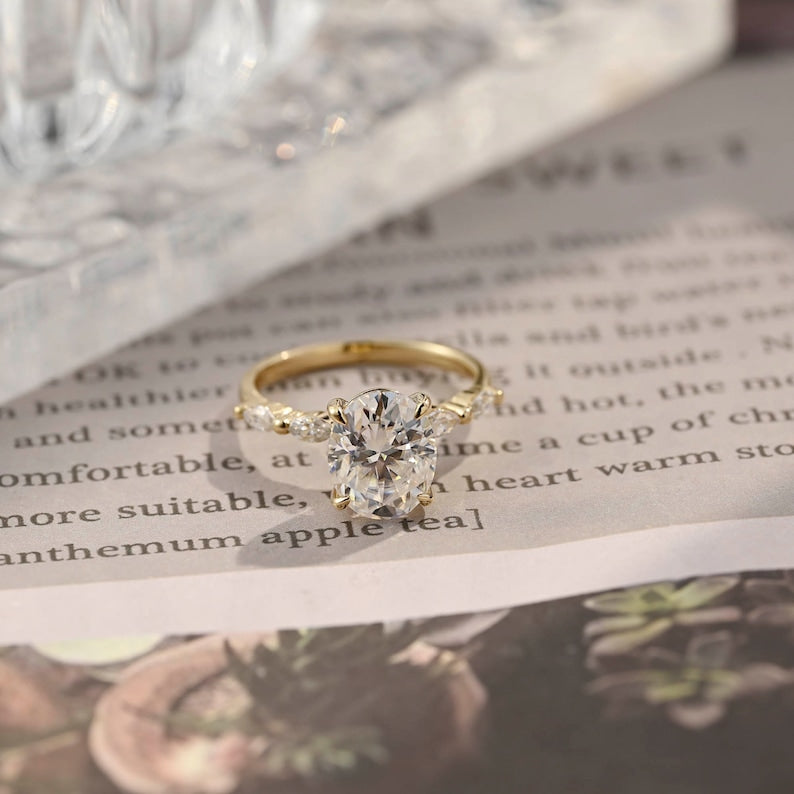 Oval cut F/VS1 lab grown diamond pavé engagement ring, 1.0 to 3.0 carats, with side stones set in polished gold band