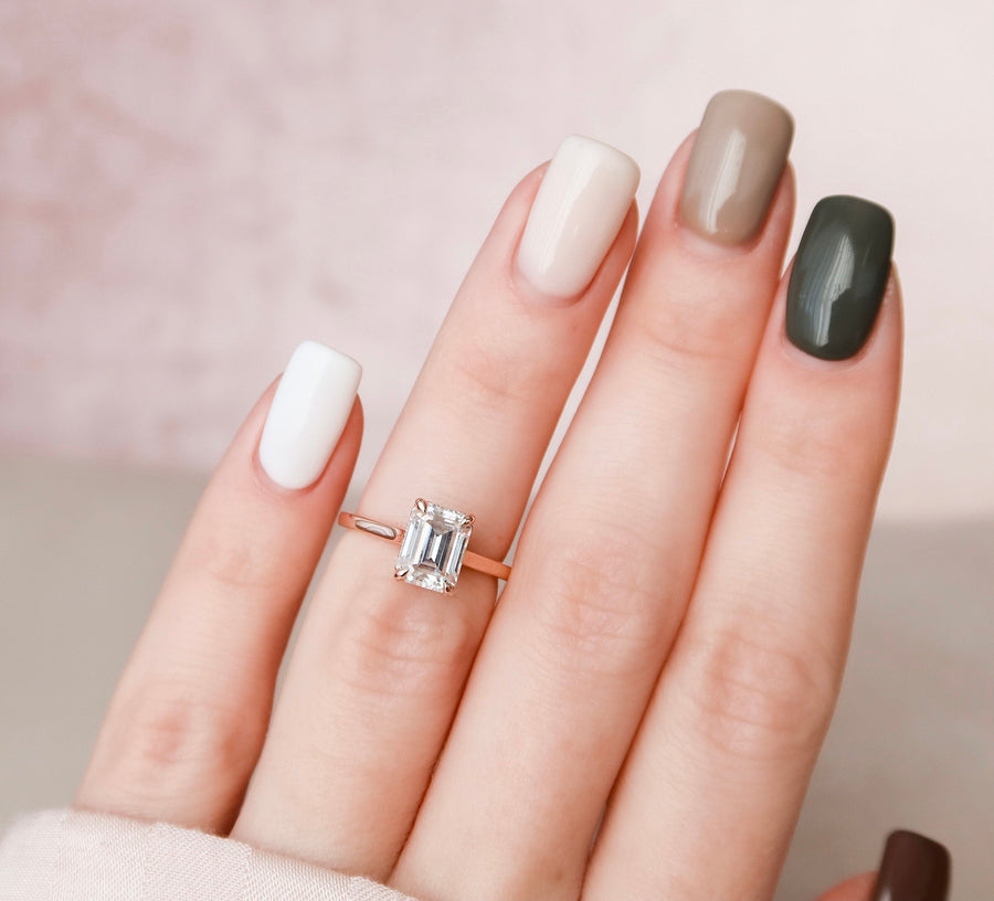 1.5 CT Emerald Solitaire & Hidden Halo Moissanite Engagement Ring - Barbara Maison 