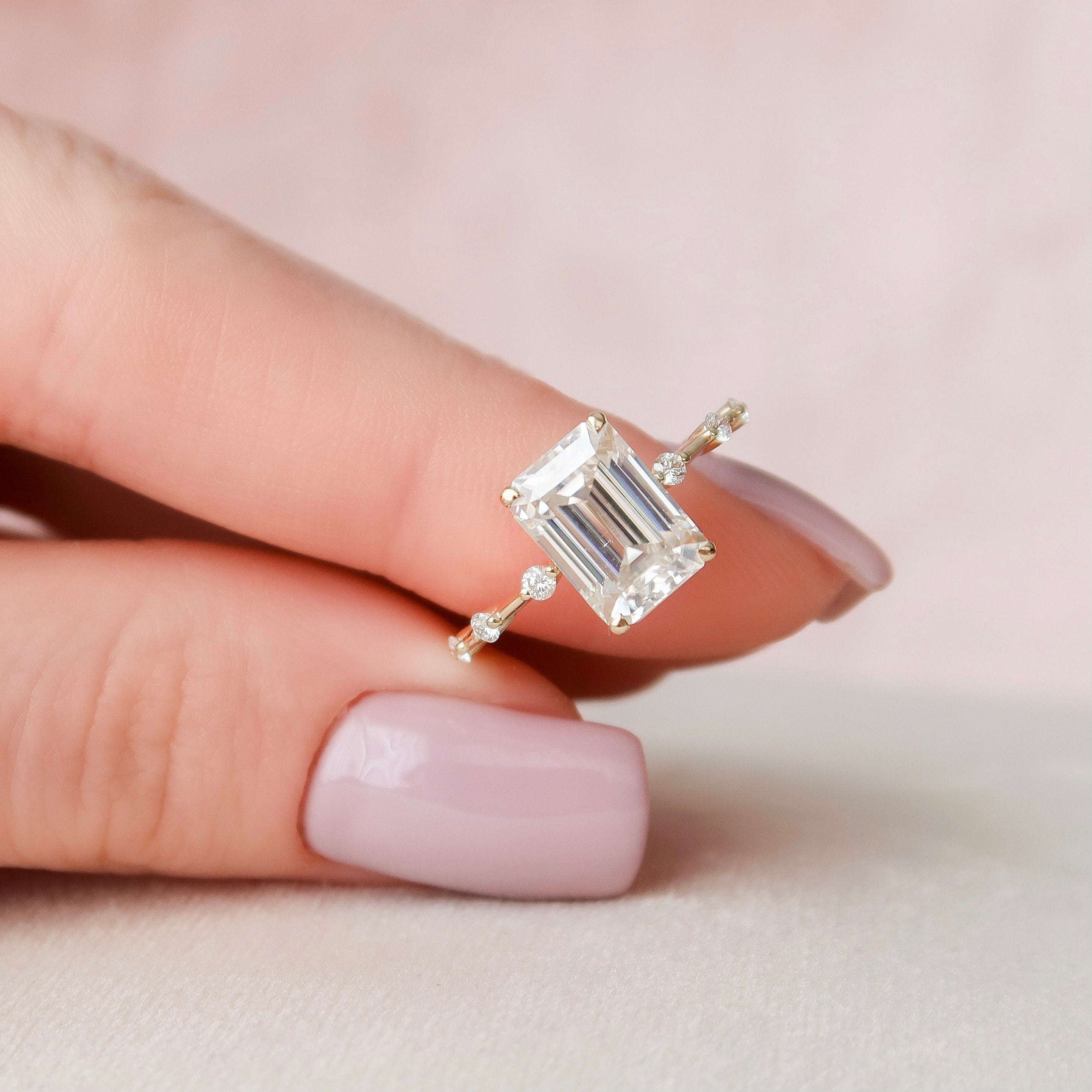 3.0 CT Emerald Cut Dainty Style Pave Moissanite Engagement Ring - Barbara Maison 