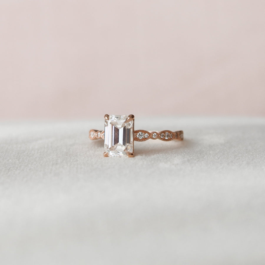 2.0 CT Emerald Milgrain Vintage Style Moissanite Engagement Ring - Barbara Maison 