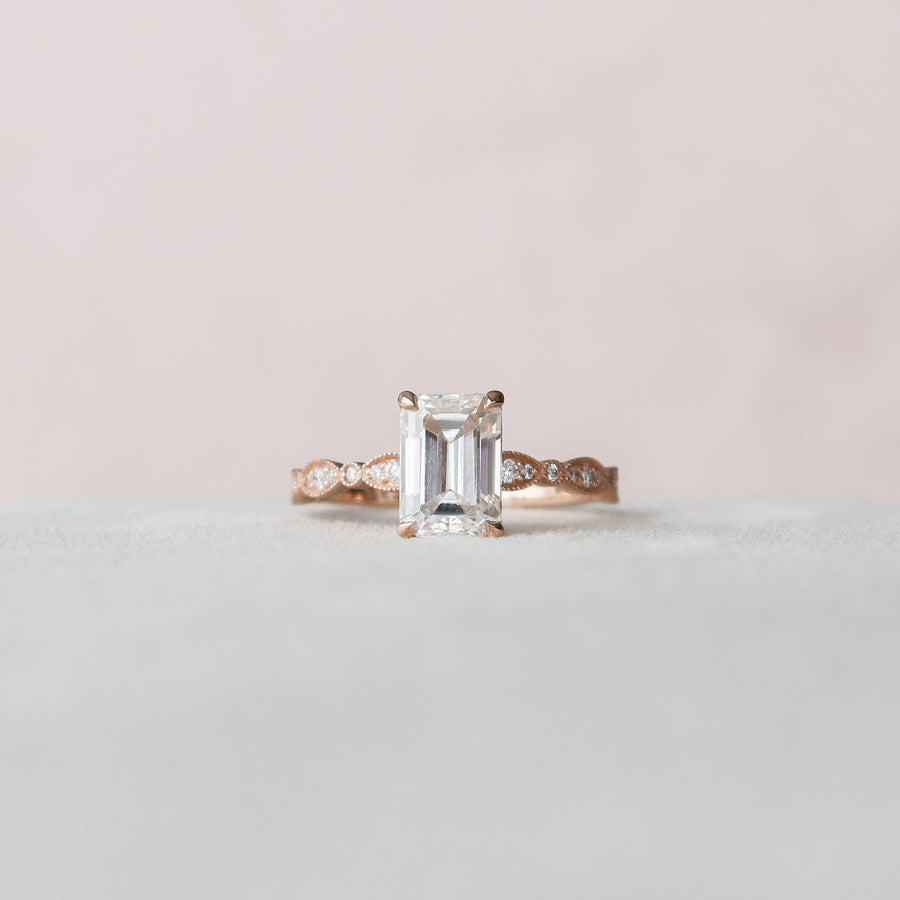 2.0 CT Emerald Milgrain Vintage Style Moissanite Engagement Ring - Barbara Maison 