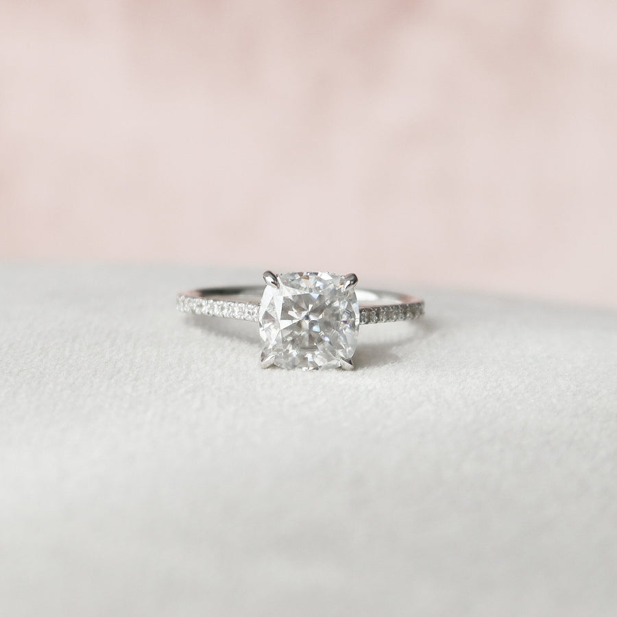 3.0 CT Cushion Hidden Halo & Pave Setting Moissanite Engagement Ring - Barbara Maison 