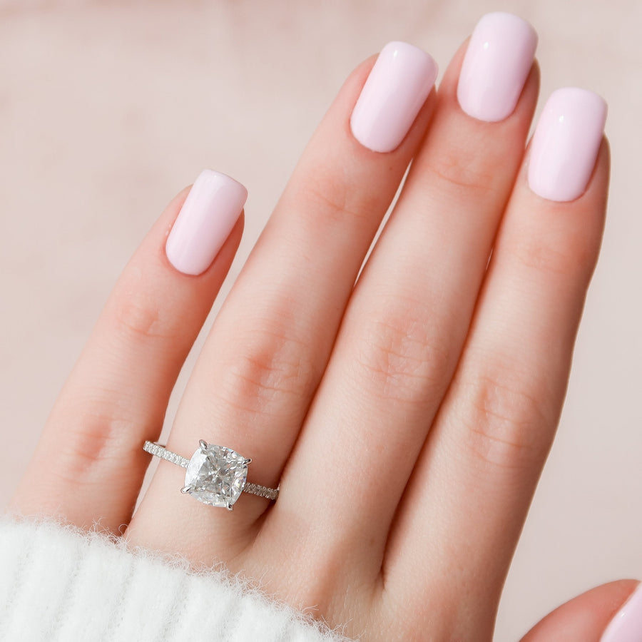 3.0 CT Cushion Hidden Halo & Pave Setting Moissanite Engagement Ring - Barbara Maison 