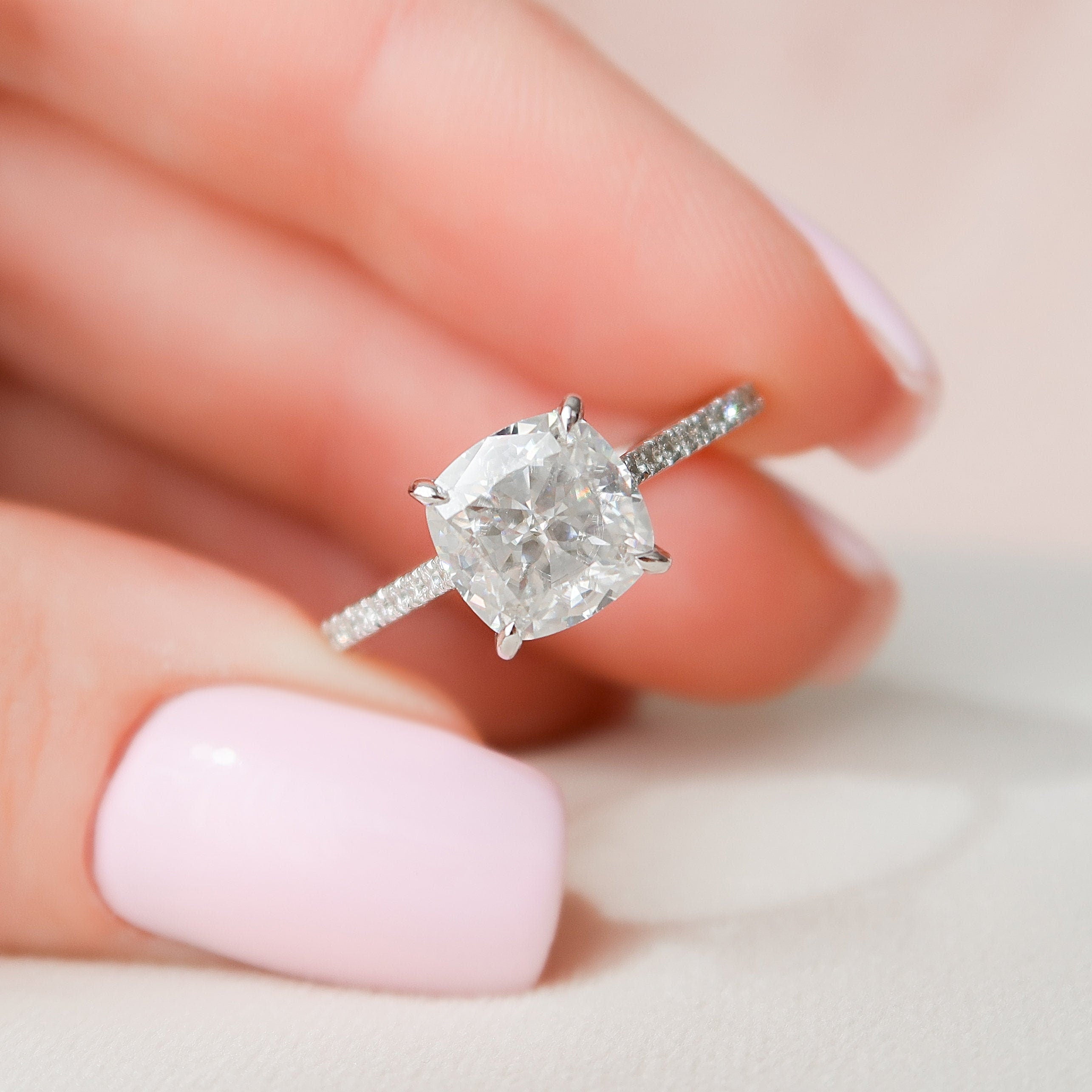 3.0 CT Cushion Hidden Halo & Pave Setting Moissanite Engagement Ring - Barbara Maison 