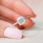 3.0 CT Cushion Hidden Halo & Pave Setting Moissanite Engagement Ring - Barbara Maison 