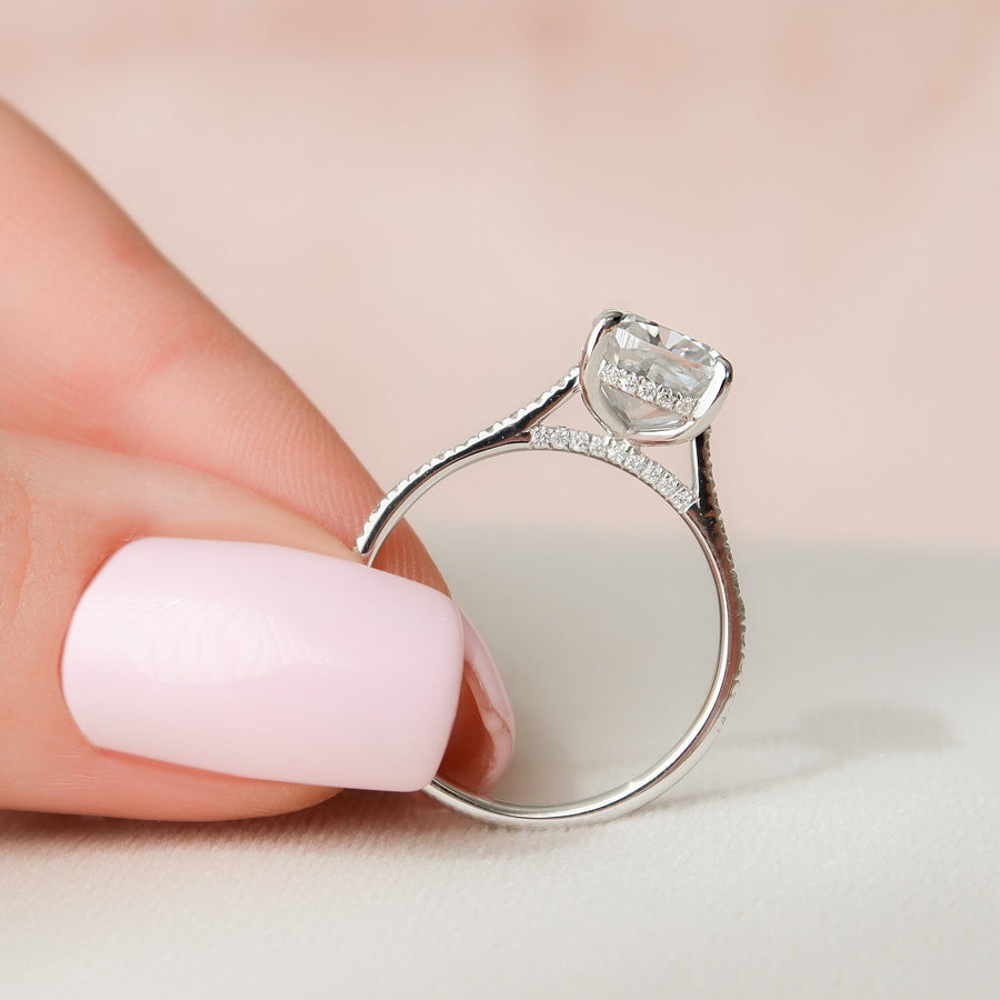 3.0 CT Cushion Hidden Halo & Pave Setting Moissanite Engagement Ring - Barbara Maison 