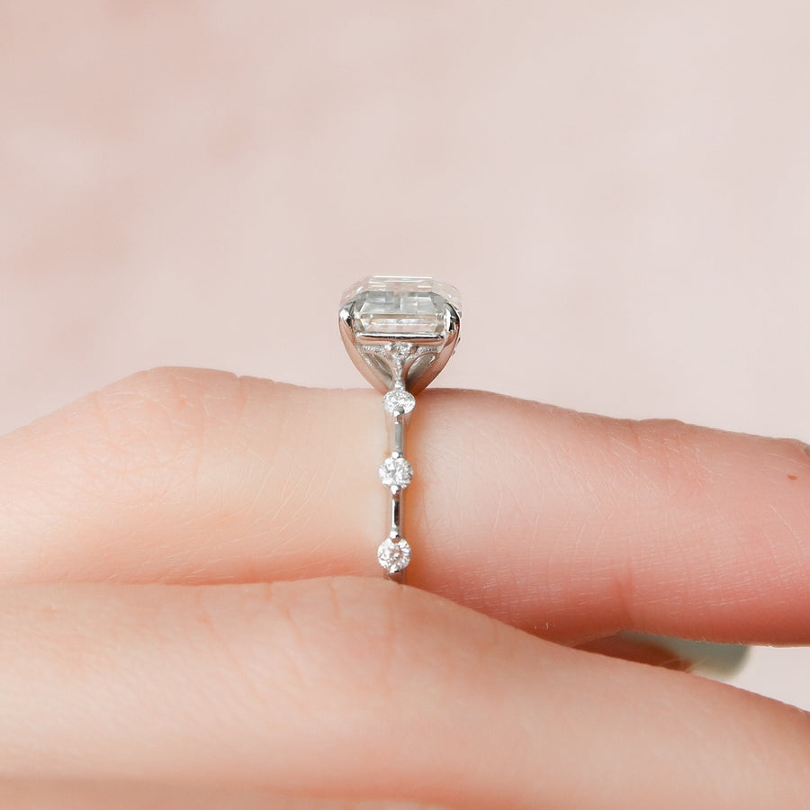 3.0 CT Emerald Cut Solitaire & Dainty Pave Moissanite Engagement Ring - Barbara Maison 