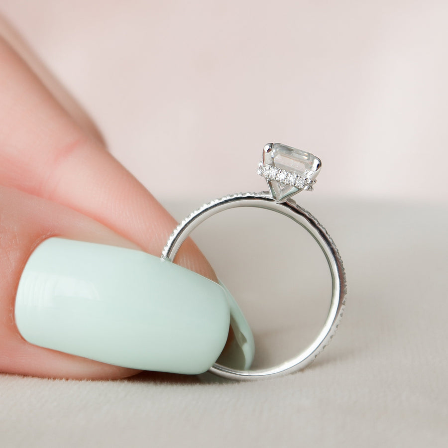 3.0 CT Emerald Cut Hidden Halo & Pave Moissanite Engagement Ring - Barbara Maison 