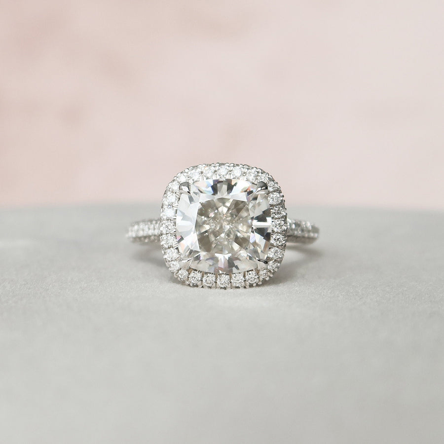 4.0 CT Cushion Halo Pave Moissanite Engagement Ring - Barbara Maison 