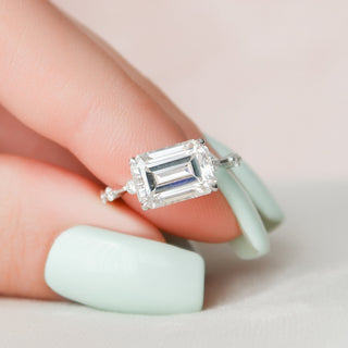 3.0 CT Emerald Cut Solitaire & Dainty Pave Moissanite Engagement Ring - Barbara Maison 