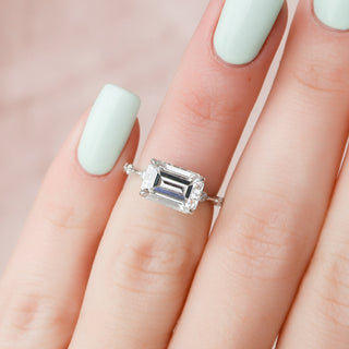 3.0 CT Emerald Cut Solitaire & Dainty Pave Moissanite Engagement Ring - Barbara Maison 