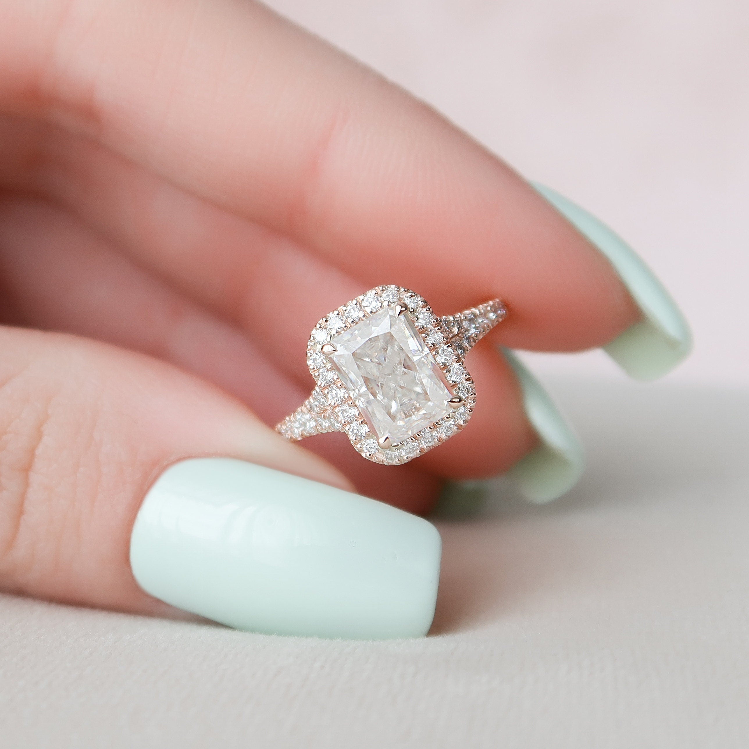 3.50 CT Radiant Halo & Split Shank Moissanite Engagement Ring - Barbara Maison 