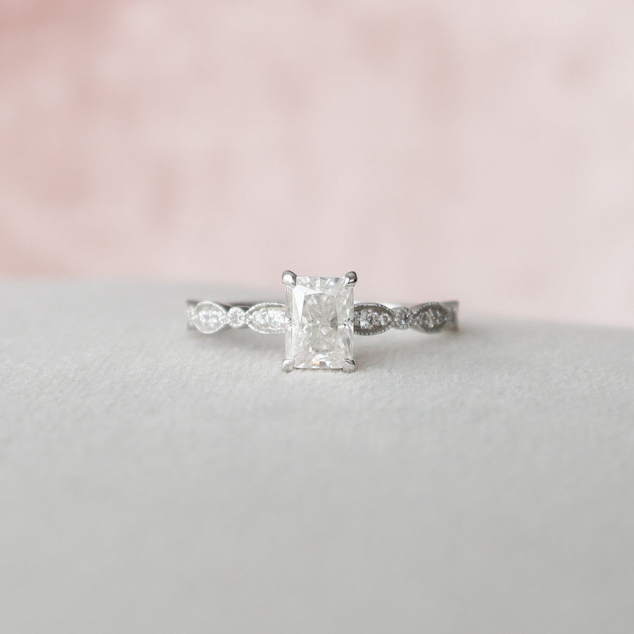 1.0 CT Radiant Milgrain Vintage Style Moissanite Engagement Ring - Barbara Maison 