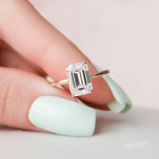 3.0 CT Emerald Cut Solitaire & Hidden Halo Moissanite Engagement Ring - Barbara Maison 