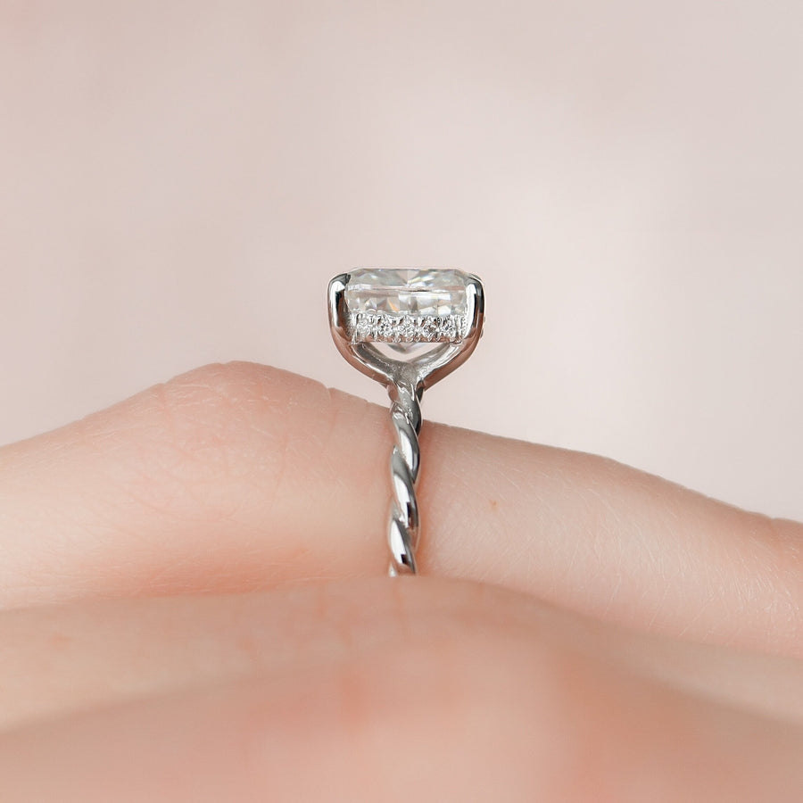 2.0 CT Cushion Twisted Band & Hidden Halo Moissanite Engagement Ring - Barbara Maison 