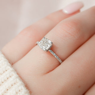 1.0 CT Cushion Hidden Halo & Pave Setting Moissanite Engagement Ring - Barbara Maison 