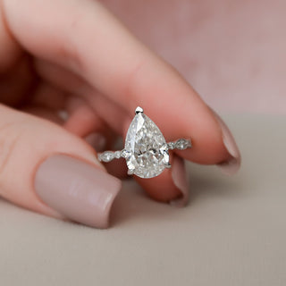 3.0 CT Pear Solitaire Milgrain Pave Moissanite Engagement Ring - Barbara Maison 