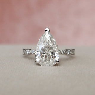 3.0 CT Pear Solitaire Milgrain Pave Moissanite Engagement Ring - Barbara Maison 