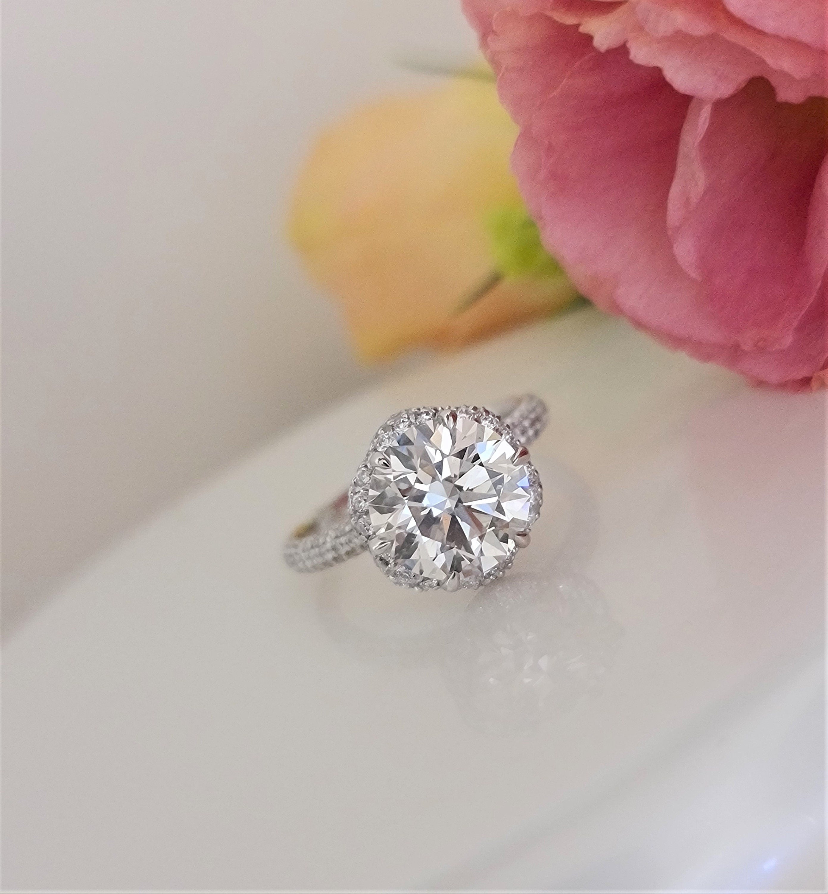 3.0 CT Round Hidden Halo CVD F/VS1 Diamond Engagement Ring - Barbara Maison 