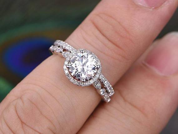 1.5 CT Round Cut Halo Pave Setting Moissanite Bridal Ring Set - Barbara Maison 