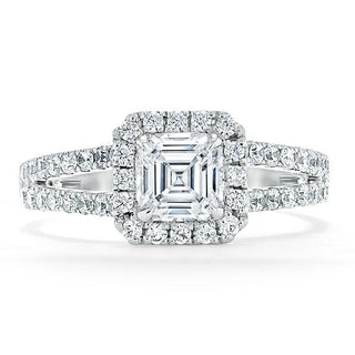 1.0 CT Asscher Cut Halo Split Shank Setting Moissanite Engagement Ring - Barbara Maison 