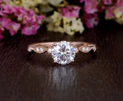 1.35 CT Round Cut Solitaire Milgrain Pave Setting Moissanite Engagement Ring - Barbara Maison 