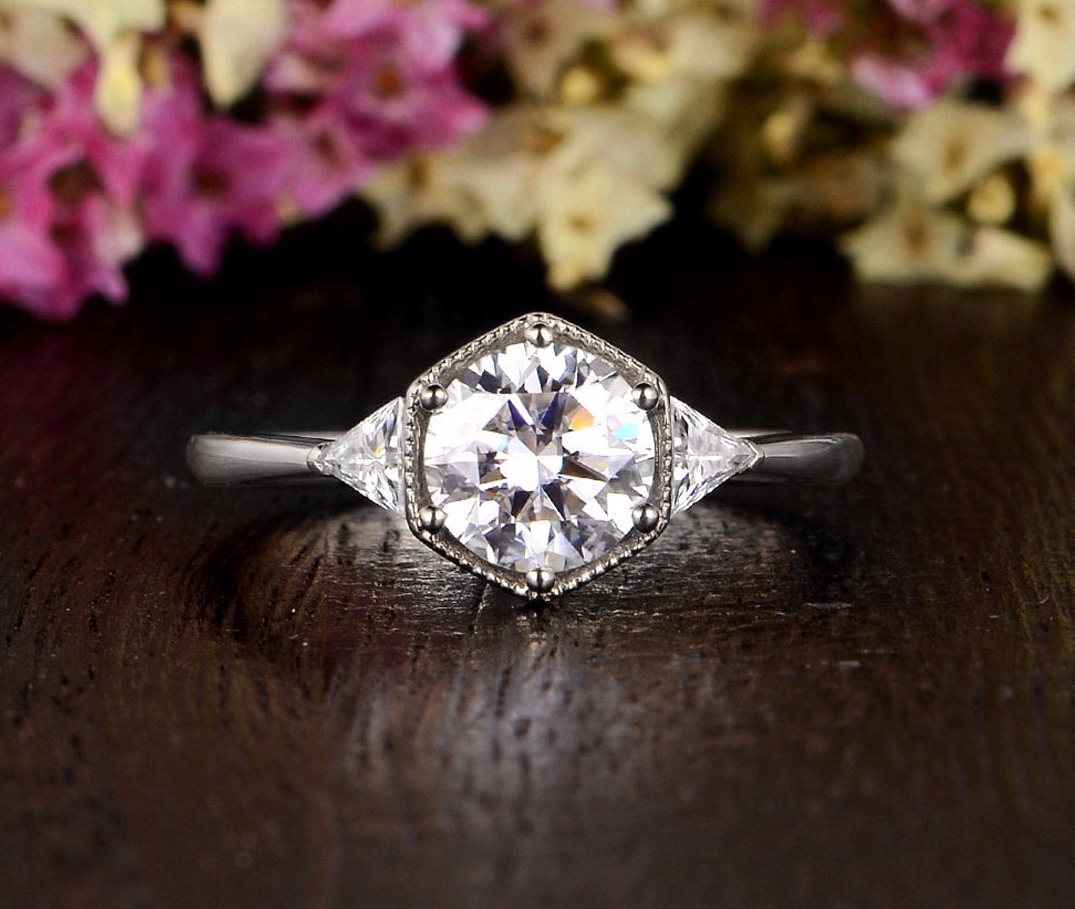 1.60 CT Round Cut Three Stone Moissanite Engagement Ring - Barbara Maison 