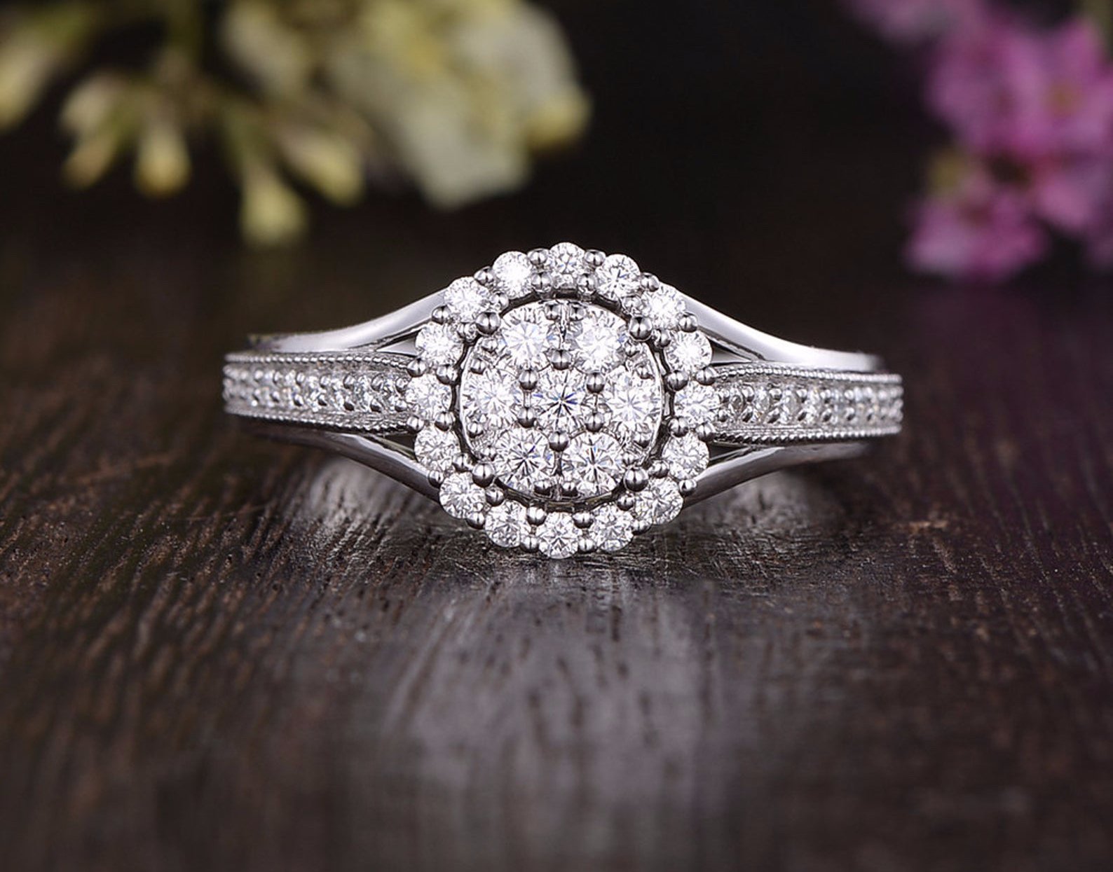 1.0 CT Round Cut Halo Pave Moissanite Engagement Ring - Barbara Maison 